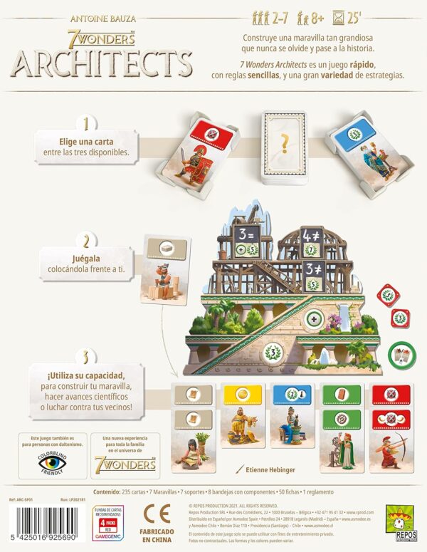 Componentes de 7 Wonders Architects: maravillas y cartas