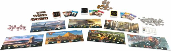 Componentes de 7 Wonders, fichas, cartas y tablero